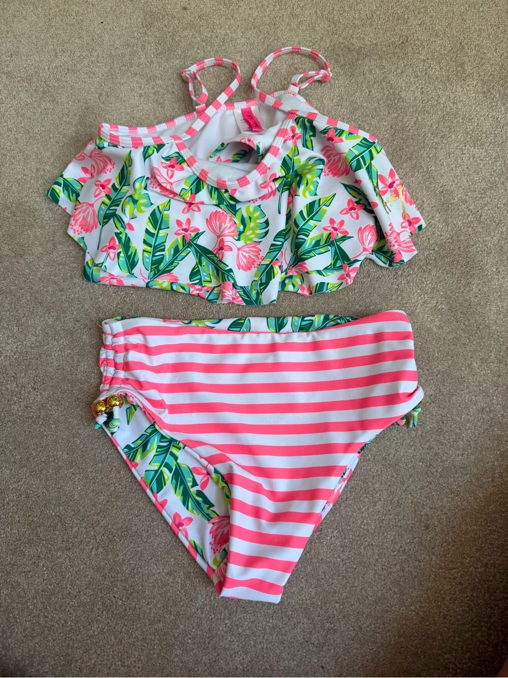 Betsey Johnson Pink Floral & Green Leaf Girls Two-Piece Swimsuit